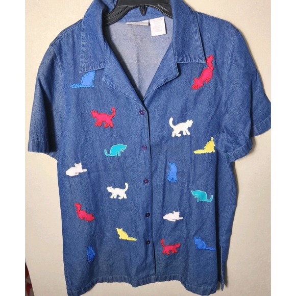 Vintage Denim Button Up Shirt Colorful Embroidered Cats Animal Print Short Large - Picture 2 of 9
